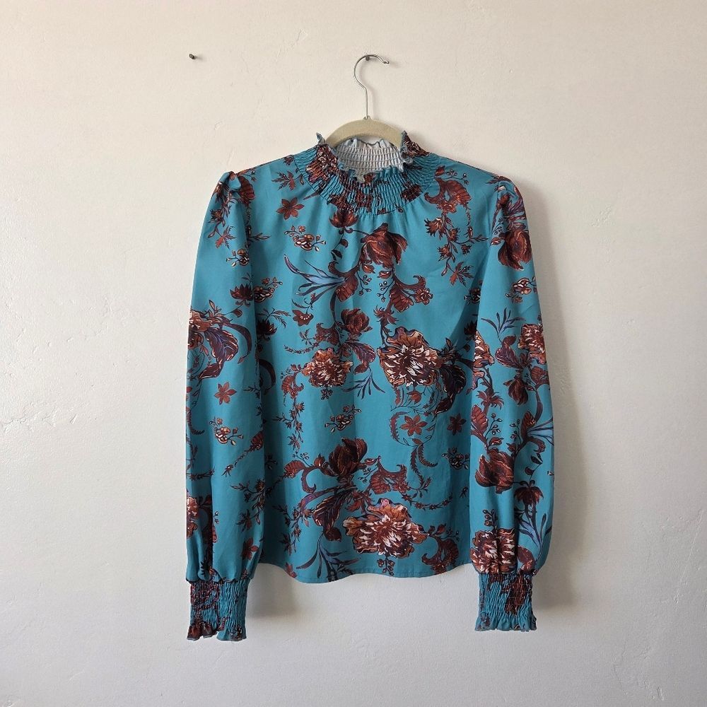 Blue Floral Blouse Top Smocked Ruched High Neck Boho Indie Gypsy Modest Medium